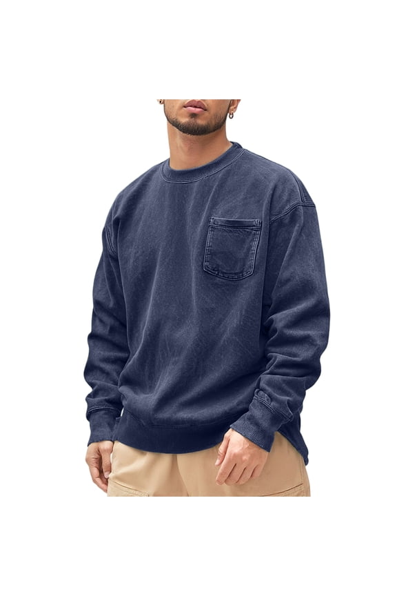 Crew Neck Sweatshirts for Men Retro Acid Wash Distressed Long Sleeve Sweatshirt Fall Winter Casual Loose Fit Workout Pullover with Pocket Dark Blue 3XL