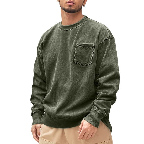 Domuza Crew Neck Sweatshirts for Men Vintage Distressed Acid Wash Long Sleeve Sweatshirt Fall Winter Casual Oversized Workout Pullover Top with Pocket Champagne 2XL