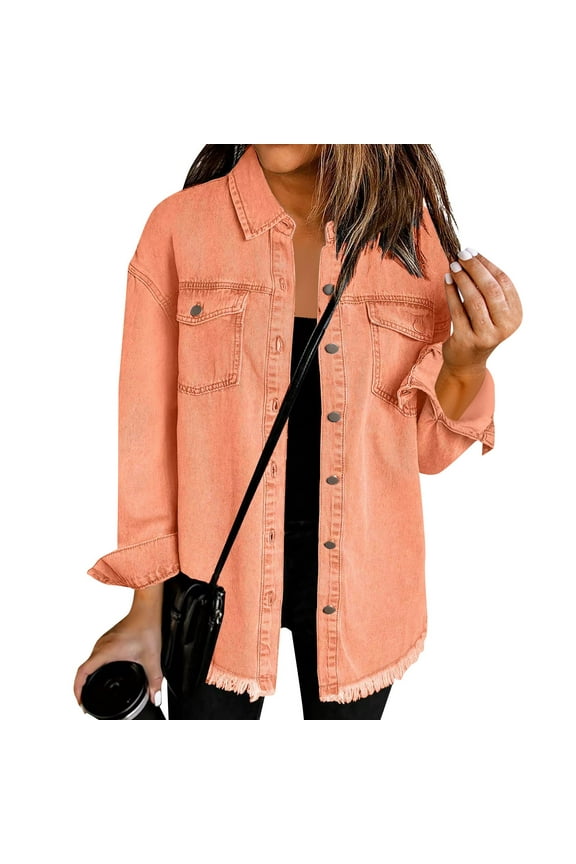 Denim Jacket Women Plus Size Casual Long Sleeves Distressed Jean Jacket Coats Fall Trendy Button Up Frayed Hem Shacket Denim Boyfriend Shirt Orange XXL