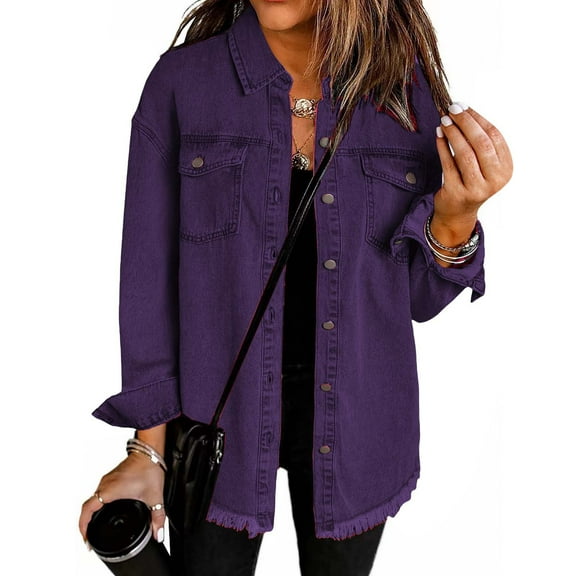 Domuza Denim Jacket Women Plus Size Casual Long Sleeves Distressed Jean Jacket Coats Fall Trendy Button Down Frayed Hem Shacket Denim Shirts Dark Purple XXL