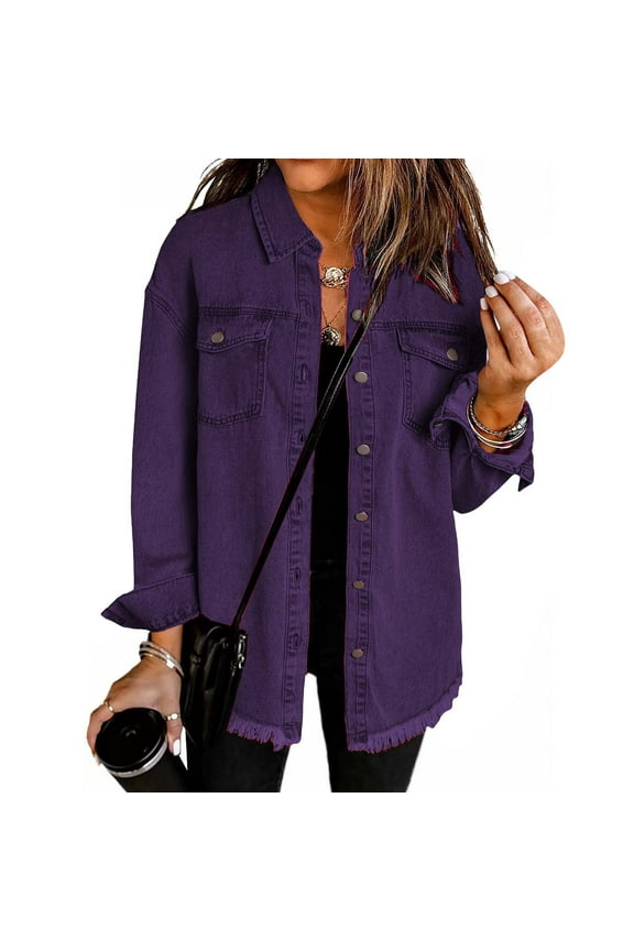 Denim Jacket Women Plus Size Casual Long Sleeves Distressed Jean Jacket Coats Fall Trendy Button Down Frayed Hem Shacket Denim Shirts Dark Purple XXL