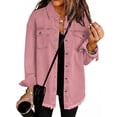 thumbnail image 1 of Domuza Denim Jacket for Women Plus Size Casual Long Sleeves Distressed Jean Jacket Fall Fashion Button Down Frayed Hem Shacket Denim Boyfriend Shirt Pink XL, 1 of 4