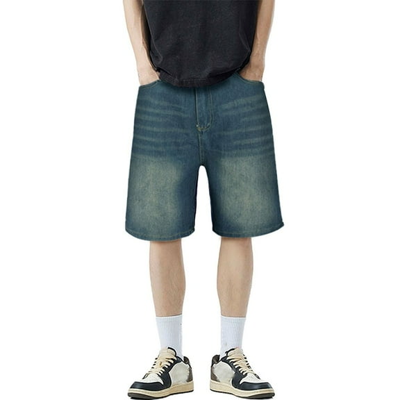 Domuza Denim Shorts Men Y2k Casual Baggy Jeans Streetwear Stretchy Relaxed Fit Pants Retro Straight Short Pants with Pocket Blue L