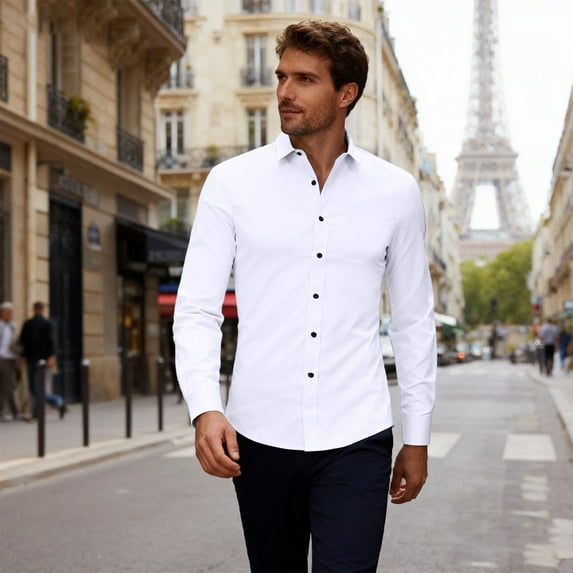 Domuza Dress Shirts for Men Long Sleeve Slim Fit Stretch Button Up Shirts Stylish Simple Business Solid Color Blouse White XL