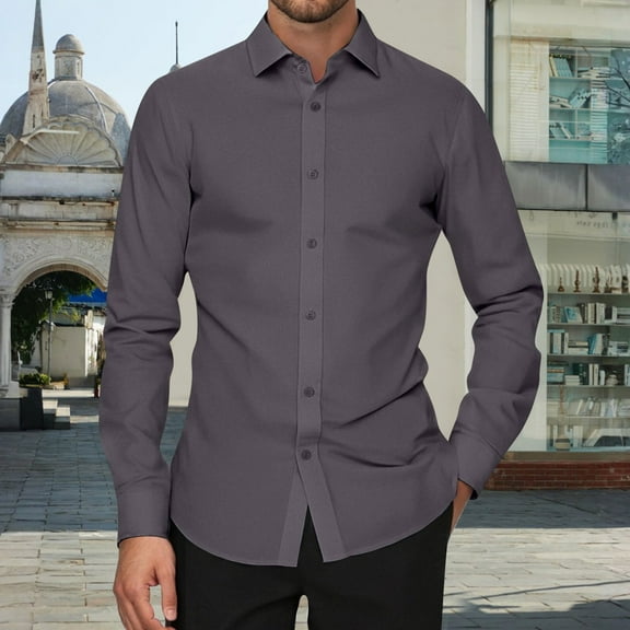 Domuza Dress Shirts for Men Long Sleeve Wrinkle-Free Stretch Classic Fit Formal T-Shirt Business Casual Solid Button Down Collared Top Gray XL