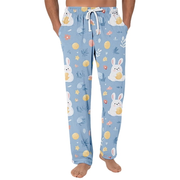 Domuza Easter Bunny Pajama Pants for Men Casual Drawstring Stretch Waist Pj Pants Comfy Relaxed Fit Lounge Sleep Pants with Pockets Sky Blue XL