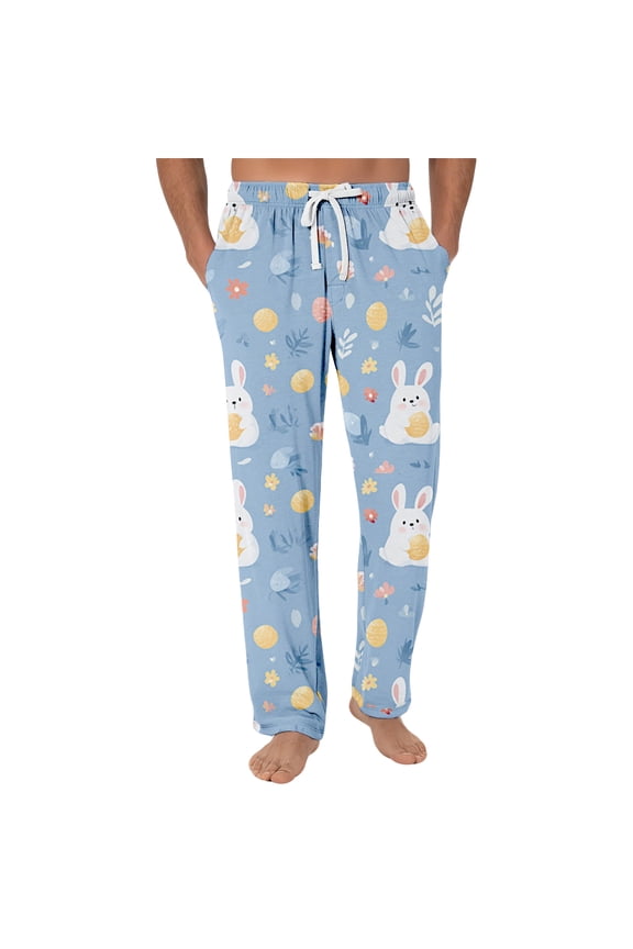 Easter Bunny Pajama Pants for Men Casual Drawstring Stretch Waist Pj Pants Comfy Relaxed Fit Lounge Sleep Pants with Pockets Sky Blue XL