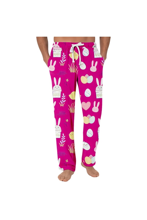Easter Bunny Pajama Pants for Men Casual Elastic Waist Drawstring Pj Pants Comfy Relaxed Fit Lounge Sleepwear with Pockets Watermelon Red XL