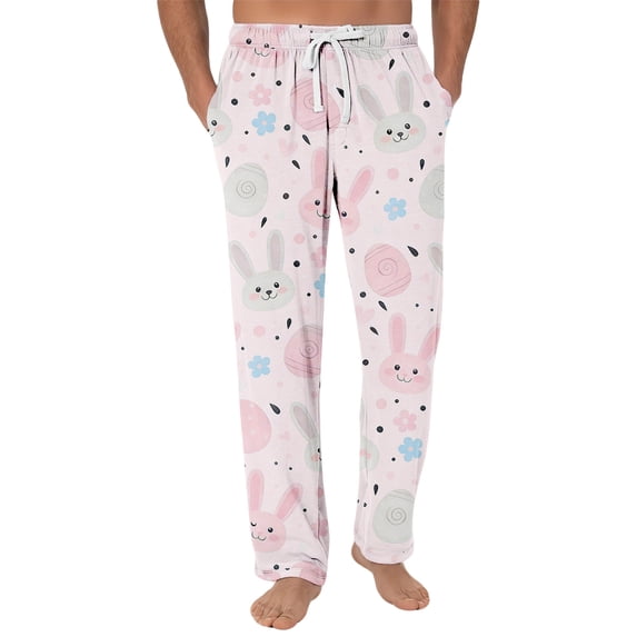 Domuza Easter Bunny Pajama Pants for Men Casual Stretch Waist Drawstring Pjs Trousers Comfy Loose Fit Lounge Sleepwear with Pockets White M
