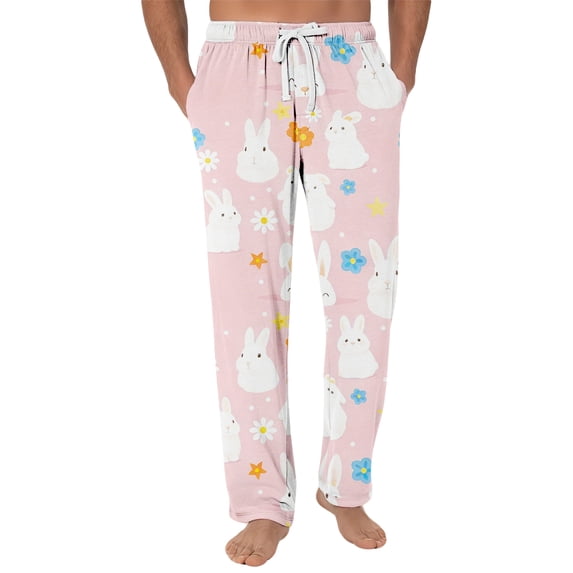 Domuza Easter Rabbit Pajama Pants for Men Casual Drawstring Elastic Waist Pjs Trousers Loose Fit Comfy Lounge Sleep Pants with Pockets Pink 2XL