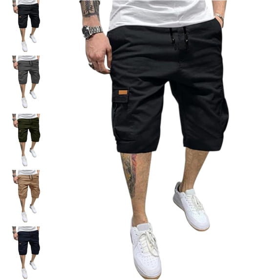 Domuza Elastic Waist Drawstring Cargo Shorts, Classic Cotton Twill Men Casual Shorts, 6 Pockets Stretch Pants Black XL