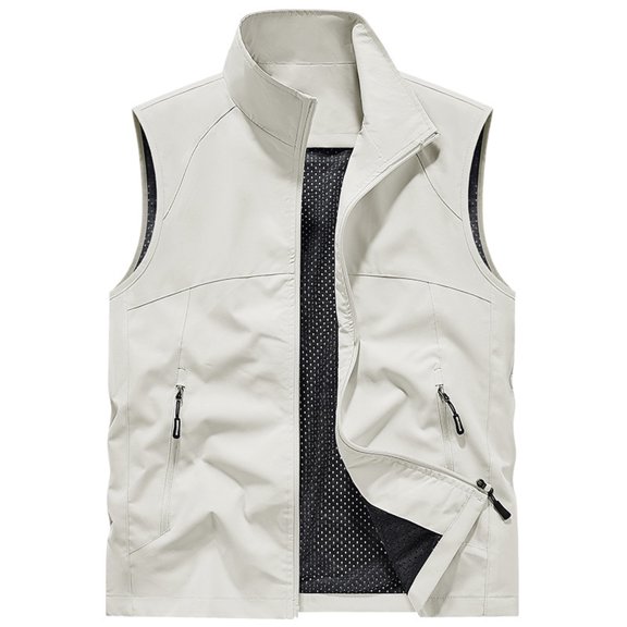 Domuza Fishing Vest Zip Up Jacket for Men Casual Lightweight Rain Proof Sleeveless Tee Shirts Golf Windbreakers Hiking Vests Slim Fit Outerwear White XXL