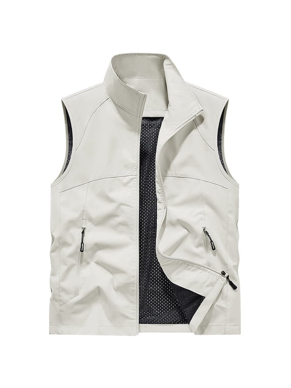Fishing Vest Zip Up Jacket for Men Casual Lightweight Rain Proof Sleeveless Tee Shirts Golf Windbreakers Hiking Vests Slim Fit Outerwear White XXL
