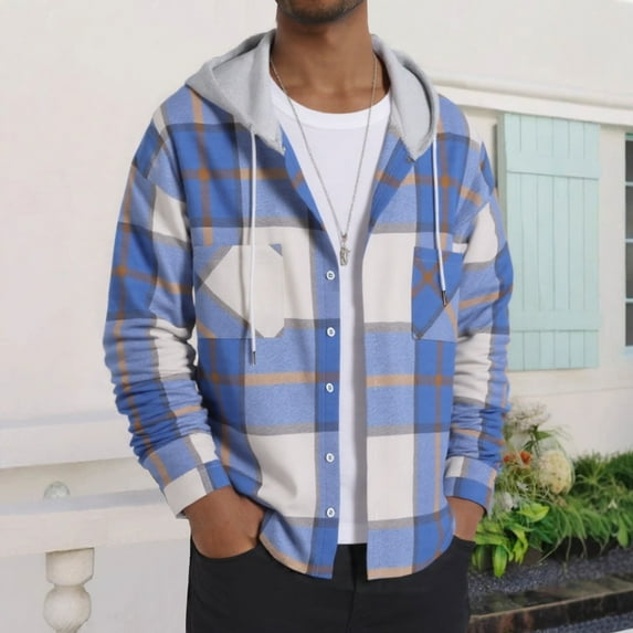 Domuza Flannel Hoodie for Men Casual Fashion Long Sleeve Button Up Plaid Shirt Fall Lightweight Classic Checkered Tops with Double Pockets Blue S