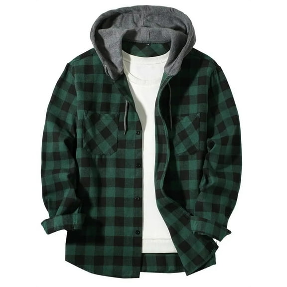 Domuza Flannel Hoodie for Men Casual Trendy Long Sleeve Button Down Plaid Shirt Fall Lightweight Classic Checkered Blouse with Double Pockets Green M