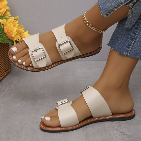 Domuza Flat Sandals for Women Dressy Comfortable Arch Support Slip on Flat Slides Buckle Summer Beach Sandal Shoes Beige 10(EU-43)