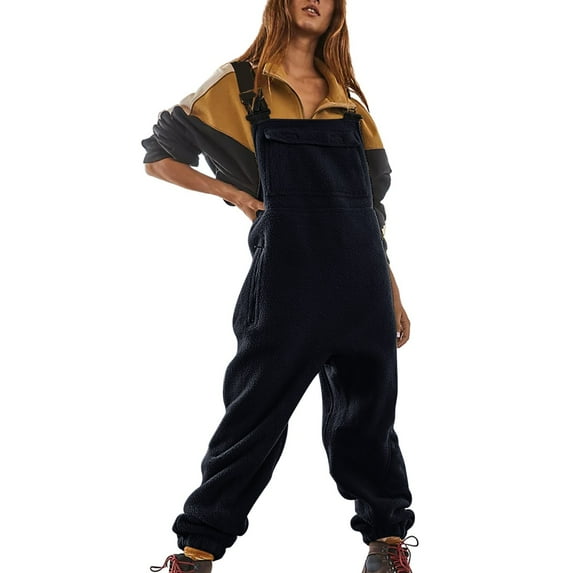 Domuza Fleece Overalls for Men Winter Warm One-Piece Adjustable Suspender Straps Jumpsuits Trendy Casual Loose Fit Fuzzy Ski Pants Navy XL