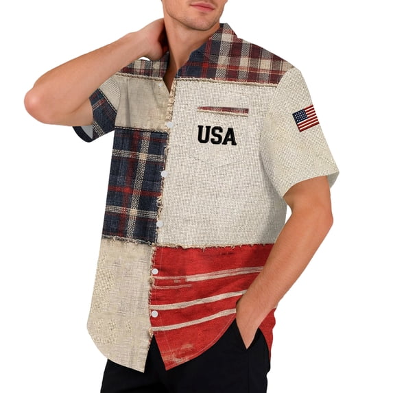 Domuza Fourth Of July Shirts for Men Usa Flag Pattern Casual Collared Button Down Short Sleeve T Shirts Summer Trendy Comfy Top with Pockets Coffee M
