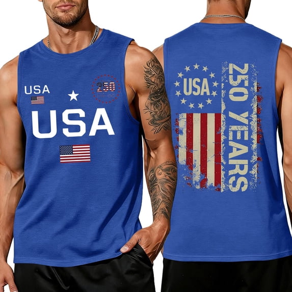 Domuza Fourth Of July Shirts for Men American Flag Graphics Casual Crew-Neck Sleeveless T-Shirts New Trendy Comfort Loose Fit Top Blue 2XL