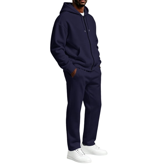 Domuza Full‑Zip Hooded Sweatshirt and Straight‑Leg Sweatpants Set for Men, 2‑Piece Pullover Sweatsuit, Relaxed‑Fit Athletic Casual Outfit with Pockets