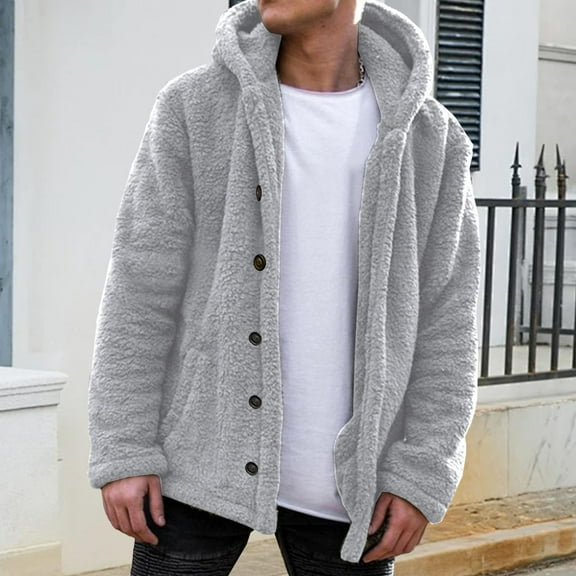 Domuza Fuzzy Sherpa Jacket Men Fluffy Fleece Open Front Cardigan Button Down Coat Fall Winter Warm Thicken Lined Soft Comfy Outerwear Light Gray M
