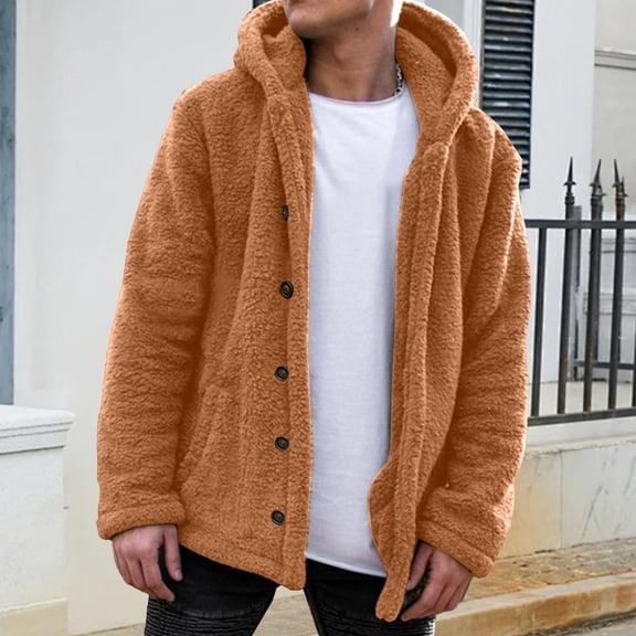 Domuza Fuzzy Sherpa Jacket Men Fluffy Fleece Open Front Cardigan Button Up Coat Fall Winter Warm Thicken Lined Comfy Soft Outwear Coffee XL