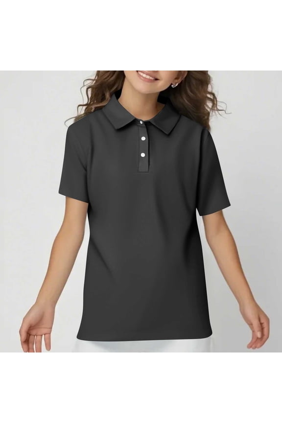 Girls Button Down School Uniform Shirt Kids Short Sleeve Solid Collared Shirts Preppy Casual Holiday Clothes Dark Gray 11-12 Years