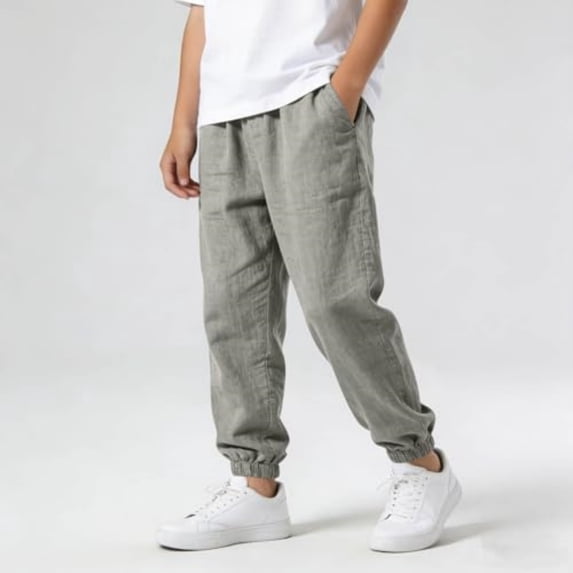 Domuza Girls Cotton Linen Sweatpants Cinch Bottom Joggers Baggy Casual Summer Elastic Waist Solid Beach Pants with Pockets Light Gray 120