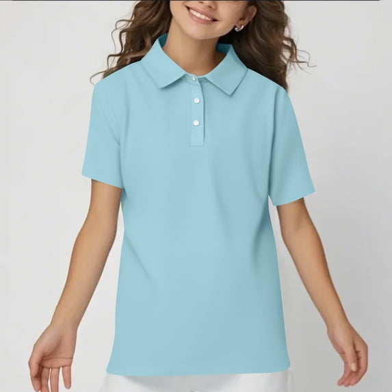 Domuza Girls Short Sleeve Polo Shirt Button Down Collared Solid School Uniform Shirt Preppy Casual Back To School Clothes Light Blue 5-6 Years