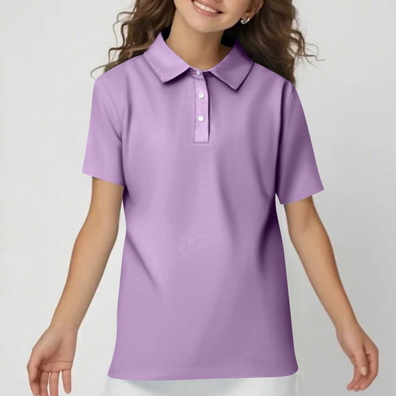 Domuza Girls Short Sleeve Polo Shirt Button Down Collared Solid School Uniform Shirt Preppy Casual Back To School Clothes Light Purple 5-6 Years
