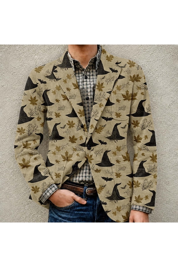 Halloween Blazer for Men Casual Regular Fit Corduroy Suit Jackets with Pockets One Buttons Sport Coat Outfits for Men Khaki 2XL