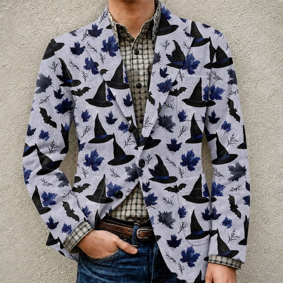 Domuza Halloween Blazer for Men Casual Regular Fit Corduroy Suit Jackets with Pockets One Buttons Sport Coat Outfits for Men Light Purple XL