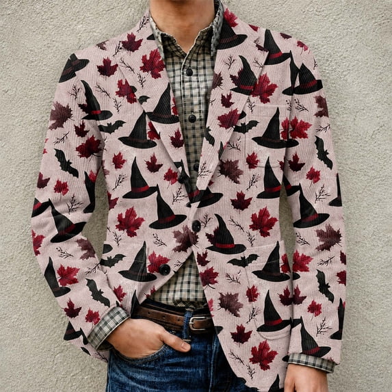 Domuza Halloween Blazer for Men Casual Regular Fit Corduroy Suit Jackets with Pockets One Buttons Sport Coat Outfits for Men Red XL