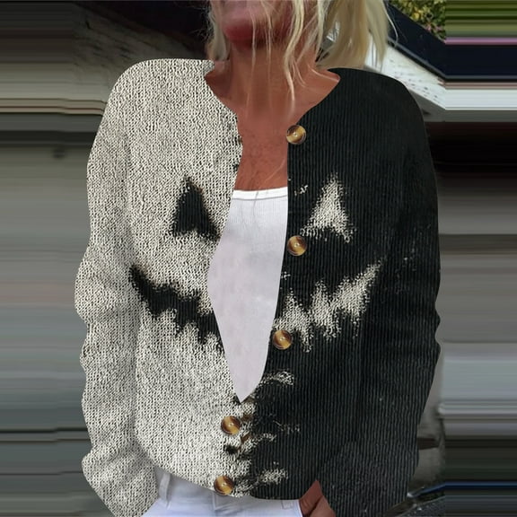 Domuza Halloween Cardigan Sweaters for Women Funny Horror Graphics Long Sleeve Cable Knit Sweaters Fall Winter Casual Lightweight Button Down Clothing Black 3XL