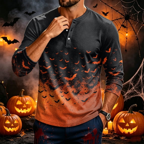 Domuza Halloween Henley Shirts Men Novelty Spooky Print Casual Long Sleeve Button Down Basic Tshirts Moisture Wicking Classic Fit Pullover 2XL