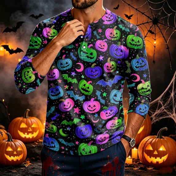 Domuza Halloween Henley Shirts for Men Novelty Horror Graphics Casual Long Sleeve 3-Button Basic T-Shirts Moisture Wicking Regular Fit Tops XL