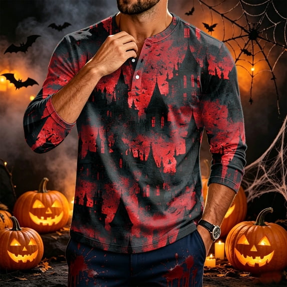 Domuza Halloween Henley Shirts for Men Novelty Spooky Graphics Casual Long Sleeve 3-Button Basic T-Shirt Comfy Soft Classic Fit Pullover M