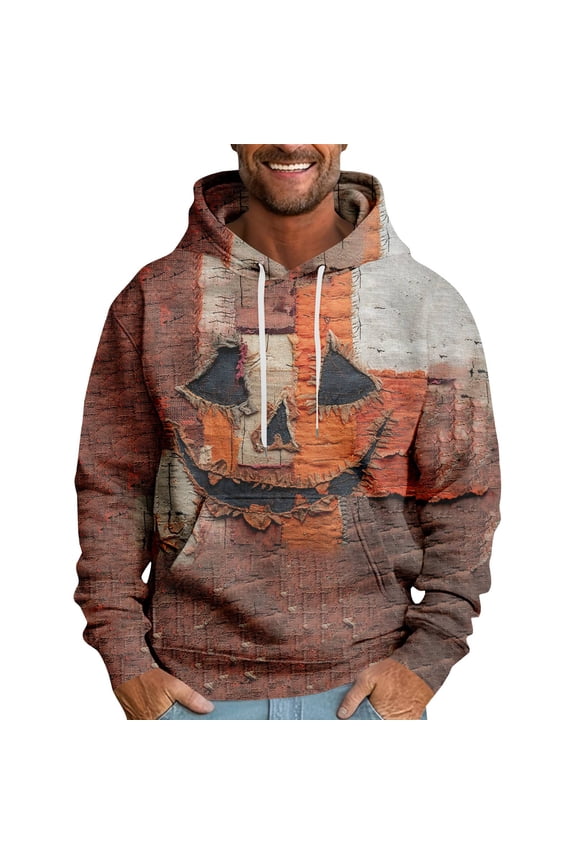 Halloween Hoodie for Men Funny Horror Ghost Pumpkin Graphic Drawstring Hooded Sweatshirt Fall Winter Fashion Loose Fit Pullover with Kangaroo Pockets Earthy Yellow L