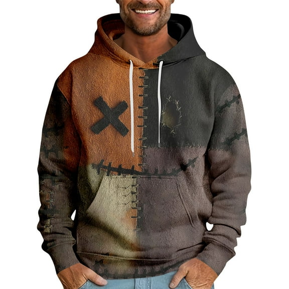 Domuza Halloween Hoodie for Men Funny Spooky Ghost Pumpkin Graphic Drawstring Hooded Sweatshirt Fall Winter Trendy Relaxed Fit Pullover with Kangaroo Pockets Camel XXL