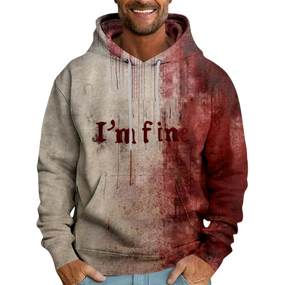 Domuza Halloween Hoodie for Men Novelty Spooky Print Drawstring Hooded Sweatshirt Fall Winter Fashion Loose Fit Long Sleeve Pullover with Kangaroo Pocket Red XL