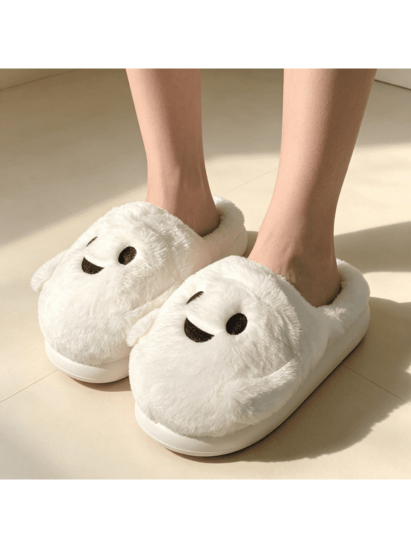 Halloween House Slippers, Warm Cozy Ghost Pumpkin Slippers for Women and Men, Indoor Outdoor Home Holiday Use for Fall Daily Wear White 9(EU-42)