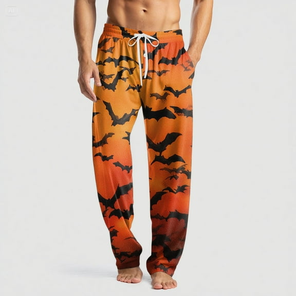 Domuza Halloween Pajama Bottoms for Men Horror Novelty Print Casual Drawstring Pajama Pants Lightweight Cotton Soft Lounge Pajama Bottoms with Pockets Orange XXL