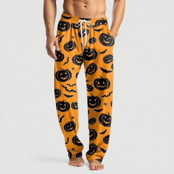 Domuza Halloween Pajama Bottoms for Men Novelty Horror Print Casual Drawstring Pajama Pants Lightweight Soft Cotton Lounge Pjs Bottoms with Pockets Black XXL