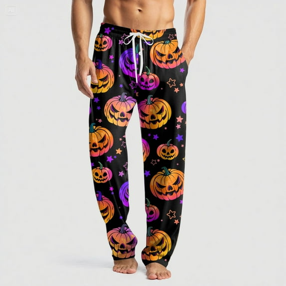 Domuza Halloween Pajama Bottoms for Men Novelty Horror Print Casual Drawstring Sleep Pants Lightweight Soft Cotton Lounge Pajama Bottoms with Pockets Black M