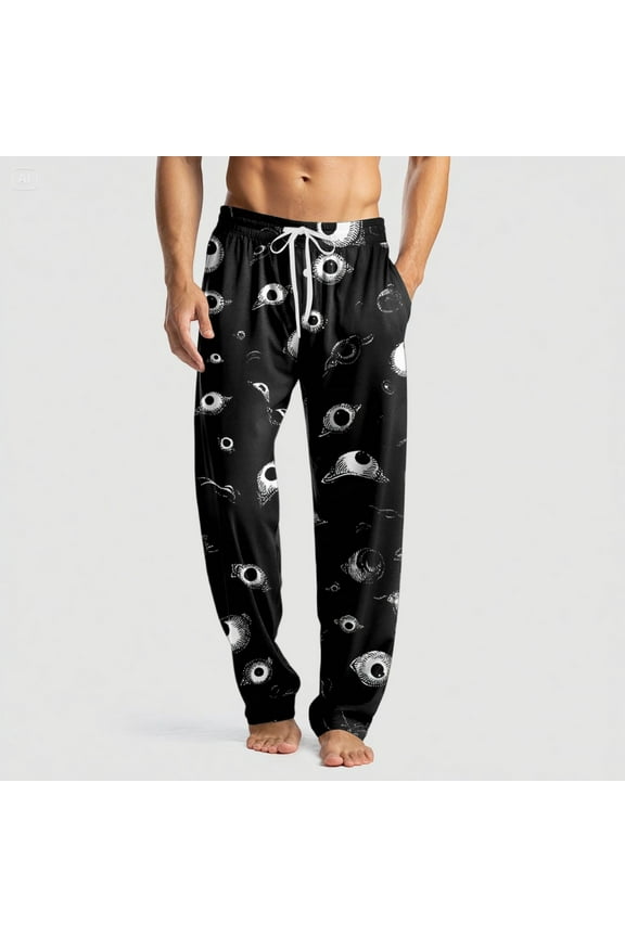 Halloween Pajama Bottoms for Men Novelty Spooky Print Casual Drawstring Pajama Pants Lightweight Cotton Soft Lounge Pjs Bottoms with Pockets White M