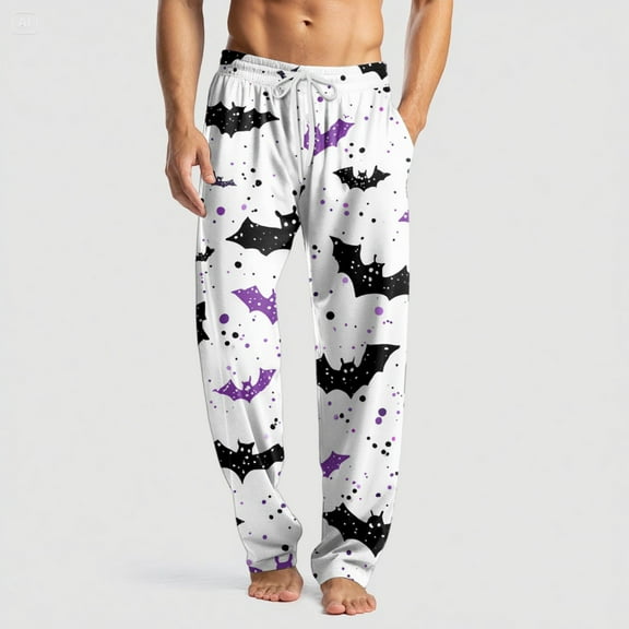 Domuza Halloween Pajama Bottoms for Men Spooky Funny Print Casual Drawstring Pajama Pants Lightweight Soft Cotton Lounge Pajama Bottoms with Pockets White XXL