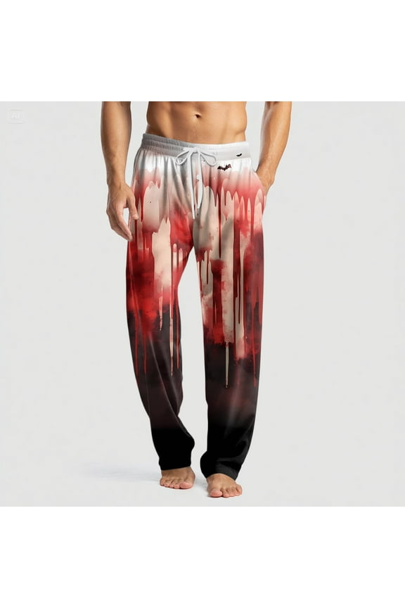 Halloween Pajamas for Men Funny Novelty Print Casual Drawstring Pajama Pants Lightweight Soft Cotton Lounge Pjs Bottoms with Pockets Deep Red XXL