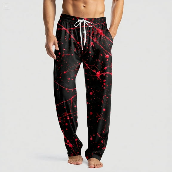 Domuza Halloween Pajamas for Men Horror Funny Print Casual Drawstring Pajama Pants Lightweight Cotton Soft Lounge Pajama Bottoms with Pockets Wine 3XL