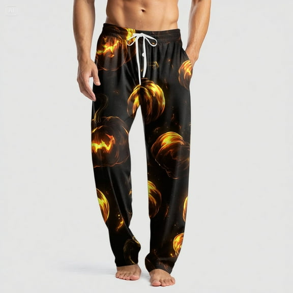 Domuza Halloween Pajamas for Men Novelty Novelty Print Casual Drawstring Pajama Pants Lightweight Cotton Soft Lounge Pajama Bottoms with Pockets Gold 3XL