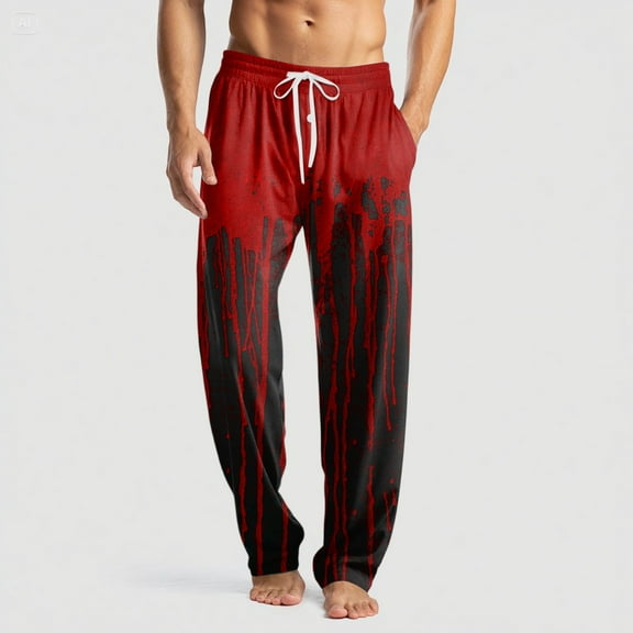 Domuza Halloween Pajamas for Men Novelty Spooky Print Casual Drawstring Pajama Pants Lightweight Soft Cotton Lounge Pajama Bottoms with Pockets Wine L